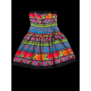 Vtg 80s A.J Bari Strapless Fit & Flare Dress Bright Geometric Funky Print Sz 12